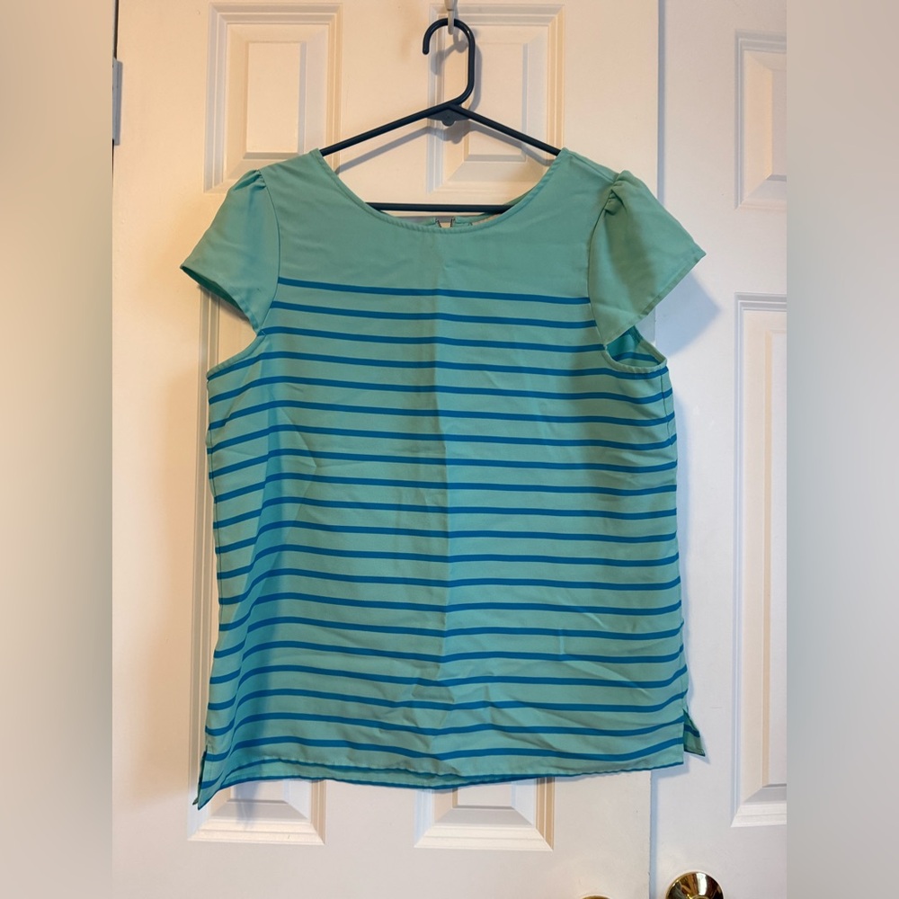 LOFT Aqua and Navy Striped Blouse Size Larger in Good used condition
